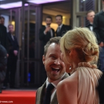 Aaron Paul with "A Long Way Down" costar Toni Collette at the 2014 Berlinale film festival.